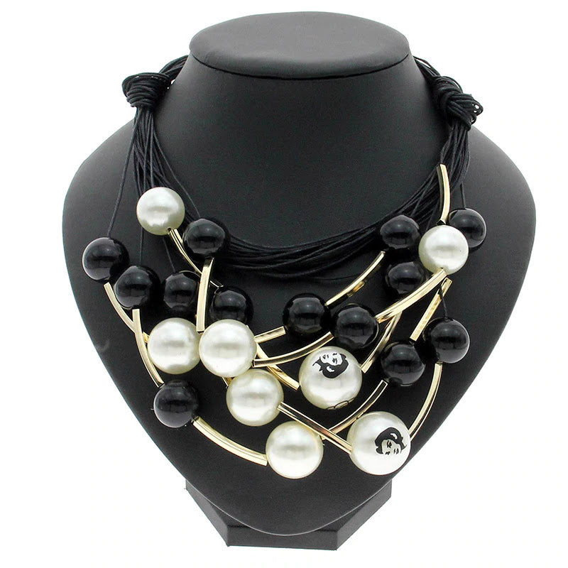 Black and White Pearls Pretty Lady's Face Printed Necklace