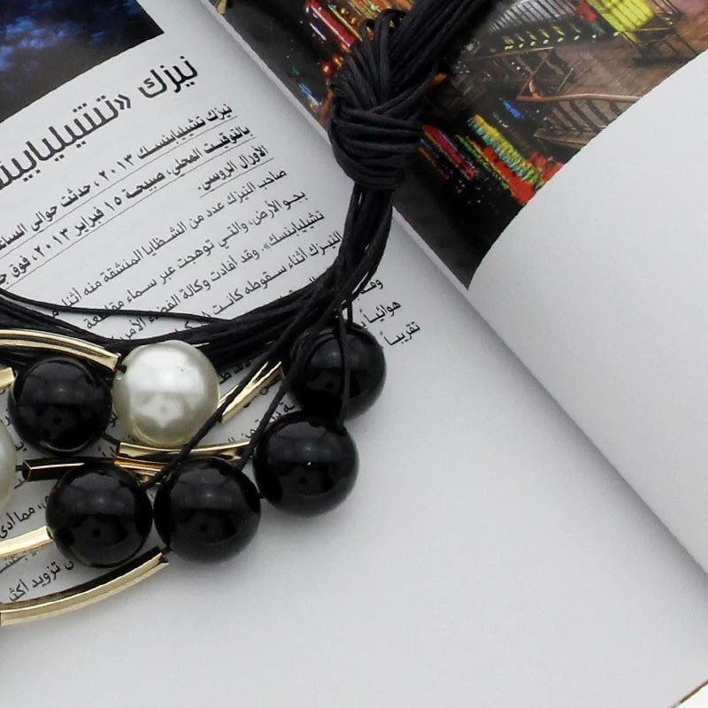 Black and White Pearls Pretty Lady's Face Printed Necklace