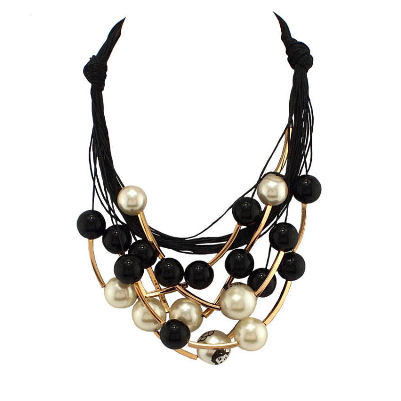 Black and White Pearls Pretty Lady's Face Printed Necklace