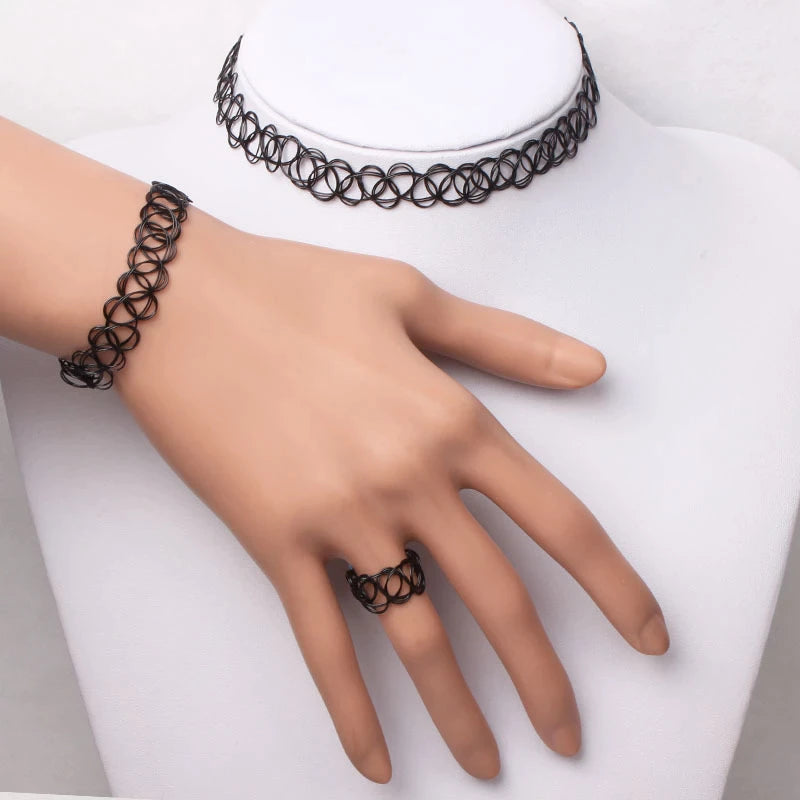 Vintage Jewelry Stretch Tattoo Choker Necklace Bracelet Ring Henna Elastic Retro Black Collar J1