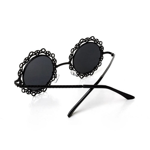 Sunglass Black Round Vintage Lace Flower UV400