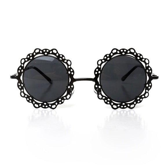 Sunglass Black Round Vintage Lace Flower UV400