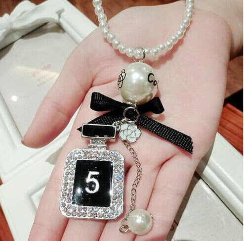 Perfume Bottle Shape Printed Number White Pearls With Little Black Bow