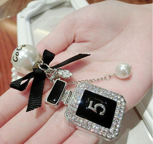 Perfume Bottle Shape Printed Number White Pearls With Little Black Bow