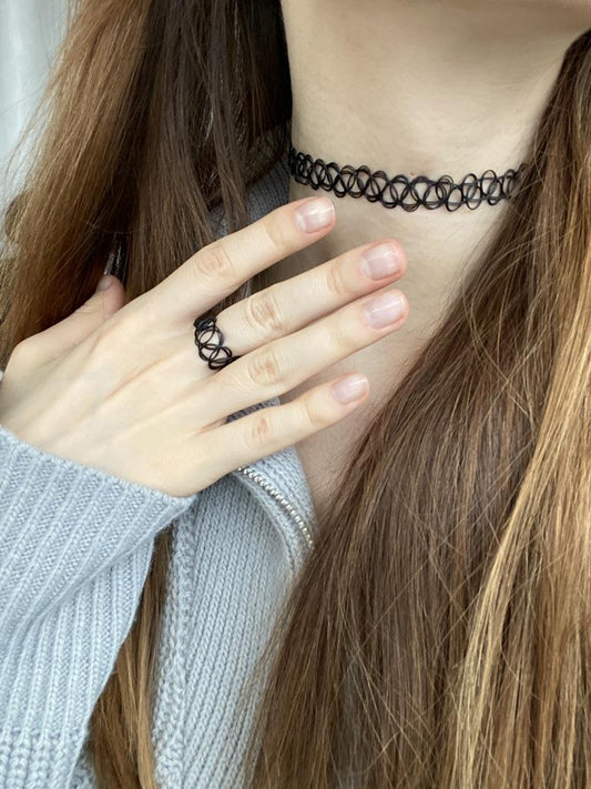 Vintage Jewelry Stretch Tattoo Choker Necklace Bracelet Ring Henna Elastic Retro Black Collar J1