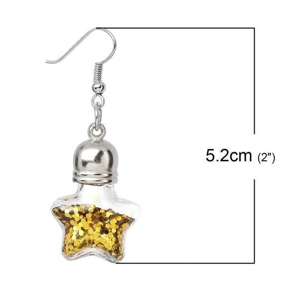 Glass Earrings Star Transparent Golden Glitter