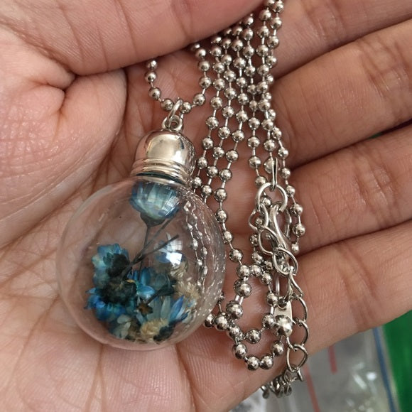 Glass Bottle Necklace Tone Blue Dried Flower