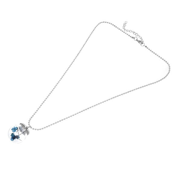 Glass Bottle Necklace Tone Blue Dried Flower