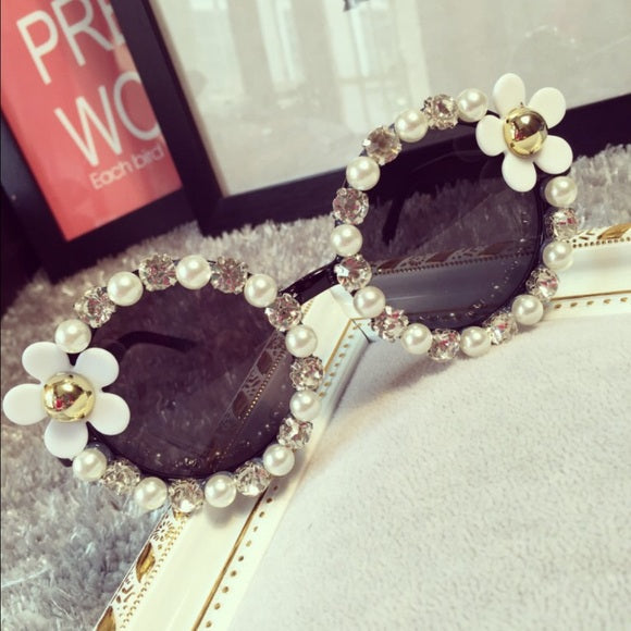 Summer Flowers Rhinestone Black Sunglasses