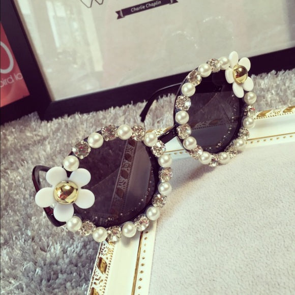 Summer Flowers Rhinestone Black Sunglasses
