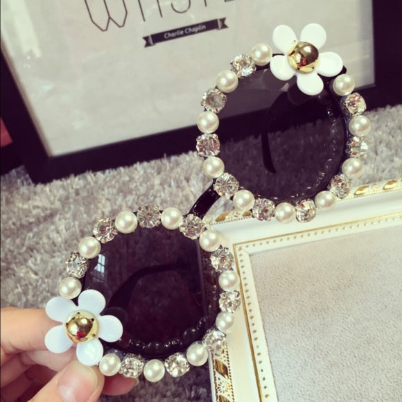 Summer Flowers Rhinestone Black Sunglasses