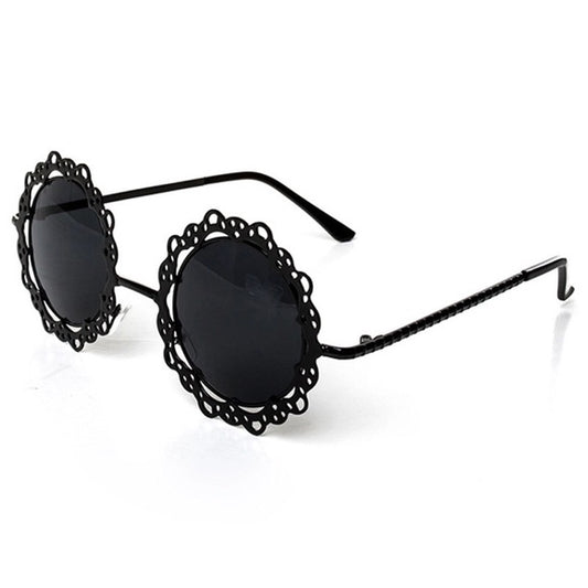 Sunglass Black Round Vintage Lace Flower UV400