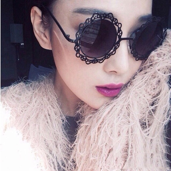 Sunglass Black Round Vintage Lace Flower UV400