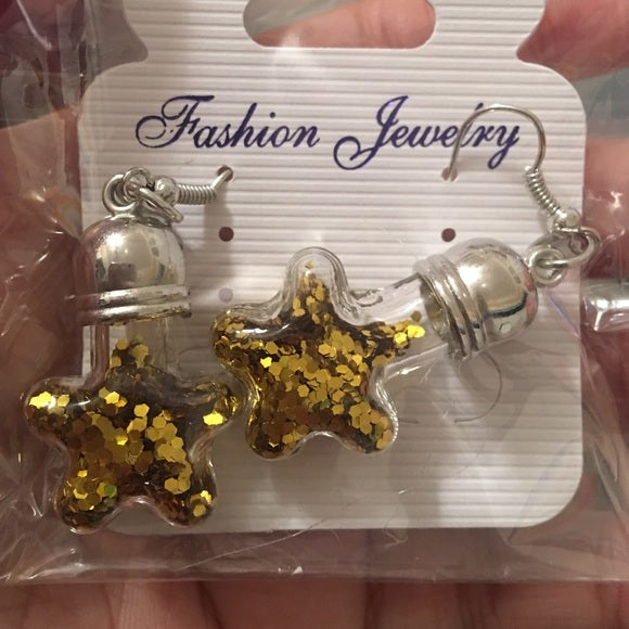Glass Earrings Star Transparent Golden Glitter
