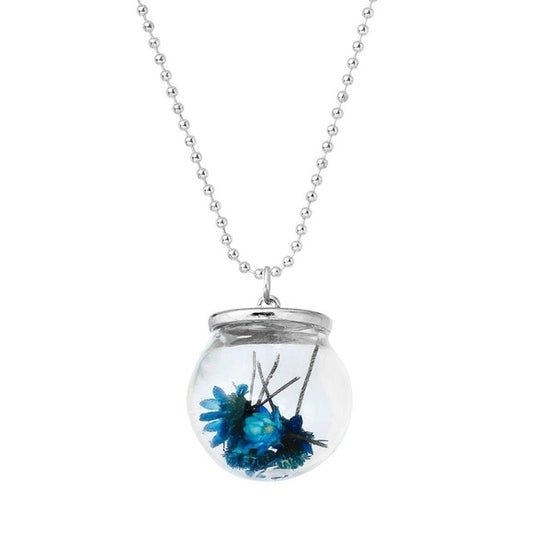 Glass Bottle Necklace Tone Blue Dried Flower