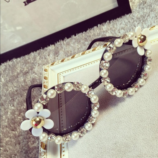 Summer Flowers Rhinestone Black Sunglasses