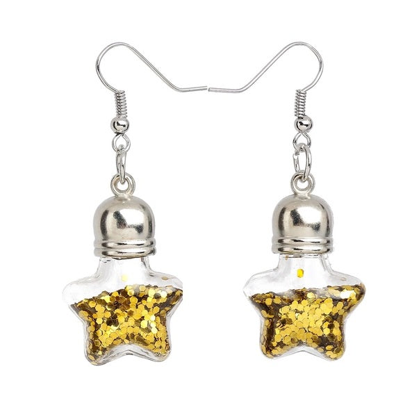 Glass Earrings Star Transparent Golden Glitter