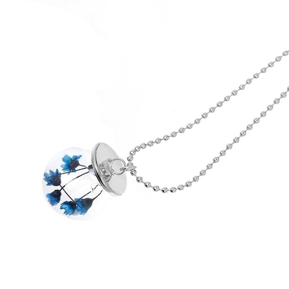 Glass Bottle Necklace Tone Blue Dried Flower