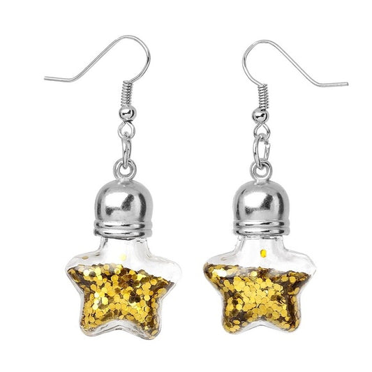 Glass Earrings Star Transparent Golden Glitter